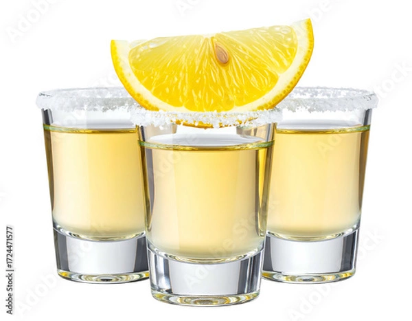 Obraz Three shot glasses of tequila, garnished with a lemon slice and salt