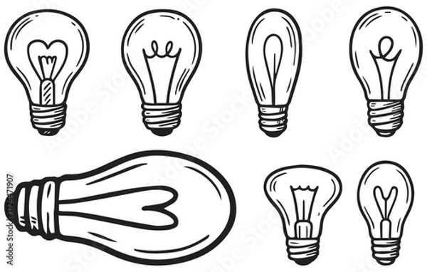 Fototapeta Light Bulb Doodle Collection with Different Ideas and Creativity Symbols Isolated on Transparent Background, Generative AI