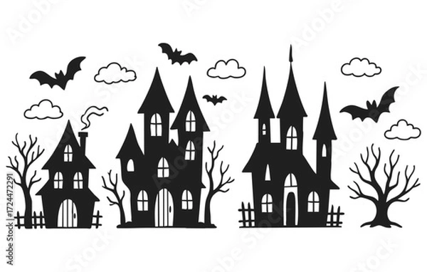 Fototapeta Haunted House and Halloween Doodle Collection with Castle, Bats and Trees Isolated on Transparent Background, Generative AI