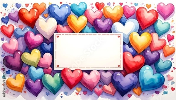 Obraz Colorful hearts surround a blank rectangular card