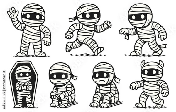 Fototapeta Cute Cartoon Mummy Character Collection in Various Poses Isolated on Transparent Background, Generative AI