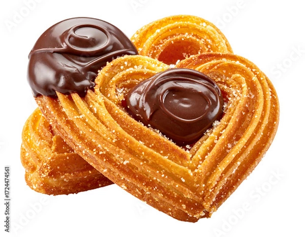 Fototapeta Two heart-shaped churros, dusted with sugar, topped with chocolate