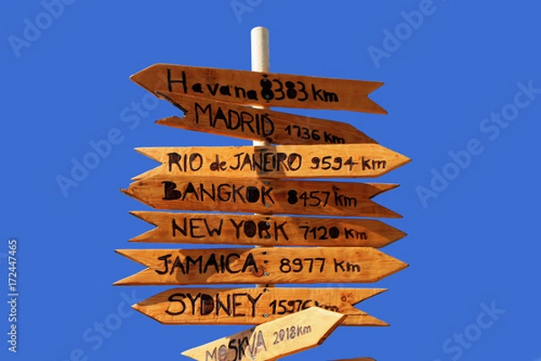 Fototapeta Funny direction signpost with distance to many different cities in the world