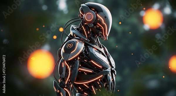 Fototapeta Futuristic AI robot, glowing with orange light, stands in a mystical bioluminescent forest, illustrating advanced technology's harmonious blend with nature's beauty