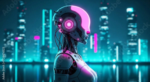 Fototapeta Sleek cybernetic female android with luminous pink details against a vibrant futuristic cityscape, embodying advanced artificial intelligence and the future of urban technology