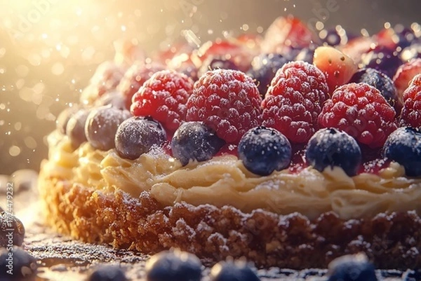 Fototapeta Delicious berry tart with creamy filling, dusted with powdered sugar