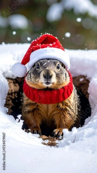 Obraz A groundhog in a snowy burrow, wearing a Santa hat and scarf