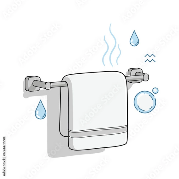 Fototapeta A warm towel hanging on a rack with steam and water droplets around it.