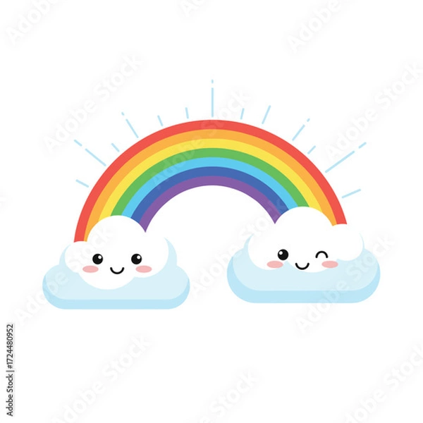 Fototapeta A cute cartoon rainbow arcs gracefully over fluffy smiling clouds on a bright day.