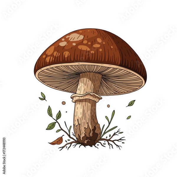 Fototapeta A detailed illustration of a mushroom with intricate gills and a textured cap surrounded by delicate foliage and twigs.