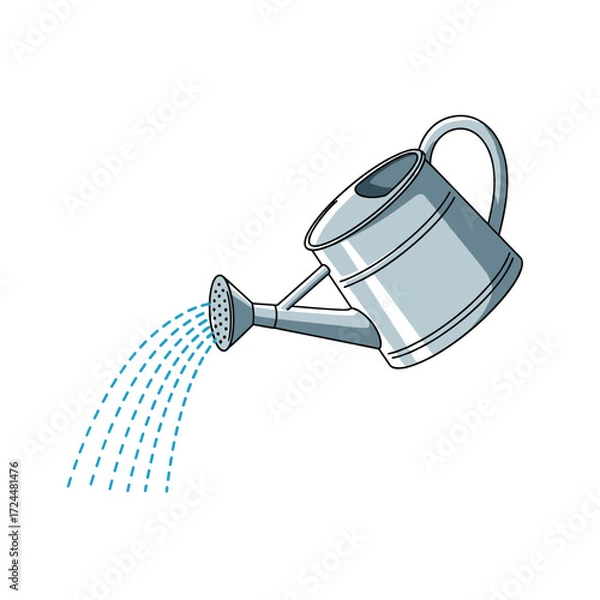 Fototapeta A metallic watering can pours a stream of clear water onto a white background.