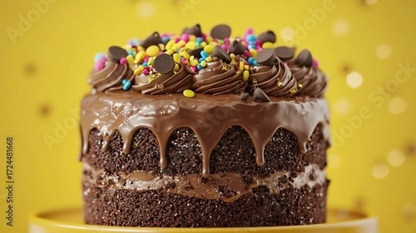 Fototapeta Delicious chocolate cake with colorful sprinkles and chocolate frosting