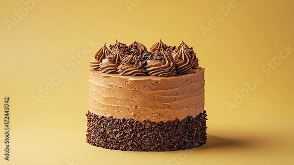 Fototapeta Delicious chocolate cake with swirls of frosting and chocolate shavings