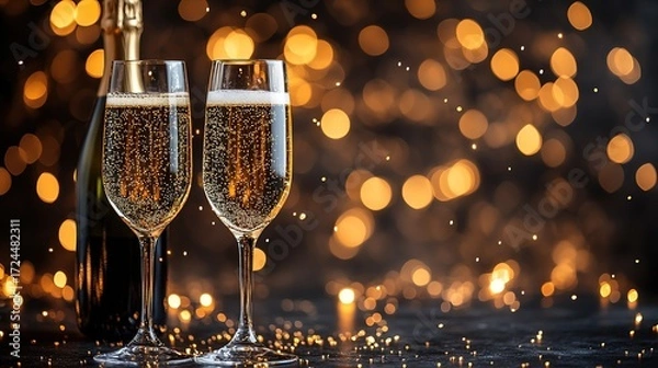 Obraz Elegant Champagne Flutes for 2026 New Year Celebration with Golden Bokeh Background and Bubbles, Ideal for Holiday Cards, Posters, Social Media, Party Designs