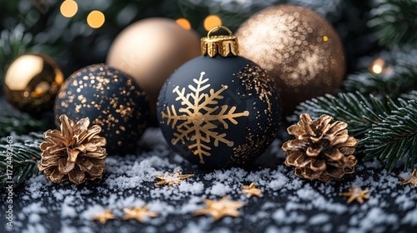 Obraz Elegant Christmas and New Year Decor: Black & Gold Ornaments with Snowflake, Pine Cones, Fir Branches, Artificial Snow, and Warm Lights for Holiday Cards and Festive Designs