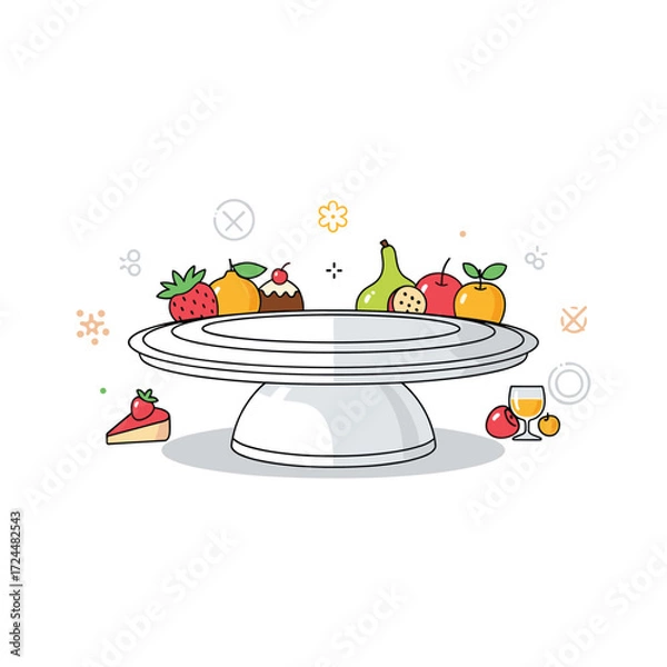 Fototapeta A delightful assortment of fresh fruits and a tempting cake are beautifully presented on a serving stand for a celebration.