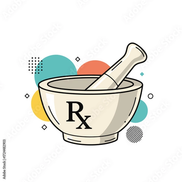 Fototapeta A mortar and pestle with the Rx symbol sits on a colorful background.