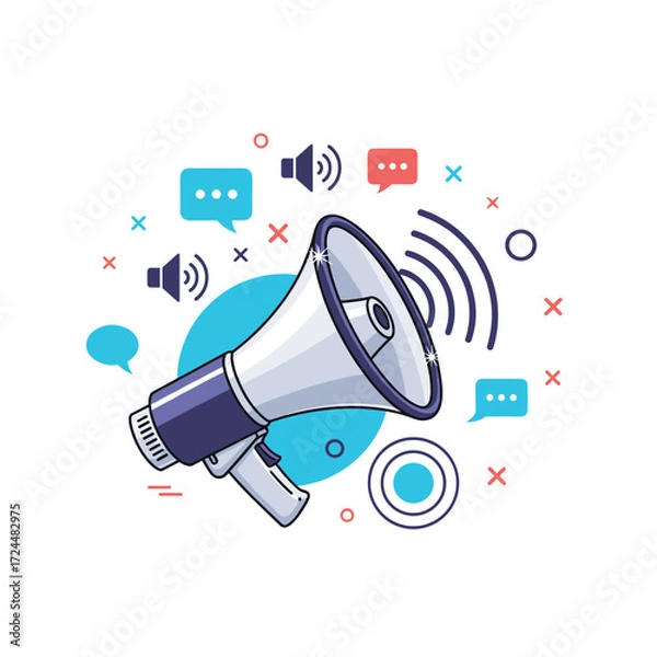 Fototapeta Illustration of a megaphone announcing news and information through social media platforms and speech bubbles.