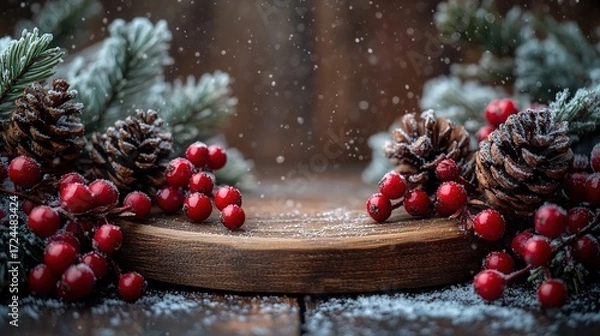 Obraz Festive Wooden 2026 New Year Decoration with Pine Branches, Berries, Snow for Holiday Decor, Greeting Cards, Posters, Social Media, New Year Events