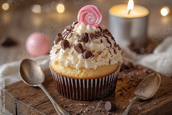 Fototapeta Delicious cupcake topped with whipped cream, chocolate chips, and a swirl candy