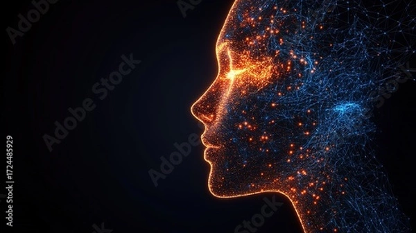 Obraz Side View of Humanoid Head with Blue & Yellow Neon Neural Network, Symbolizing Futuristic Technology & Artificial Intelligence | Generative AI