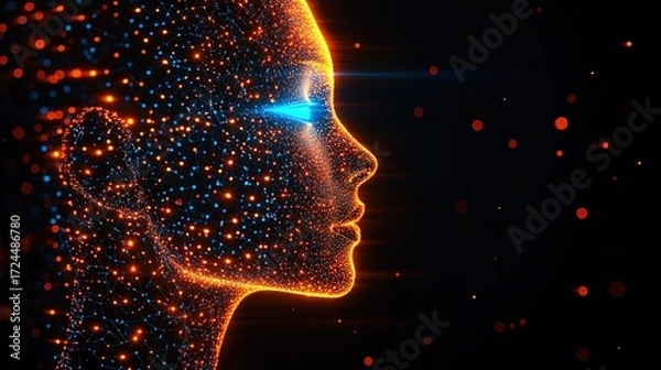 Obraz Side View of Humanoid Head with Neon Neural Network and Blue-Yellow Eyes, Representing Futuristic Technology and Artificial Intelligence (Generative AI)