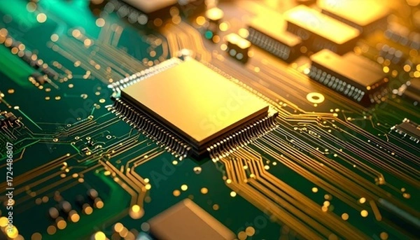 Fototapeta Golden CPU Core Glowing on a Green Circuit Board with Luminous Pathways