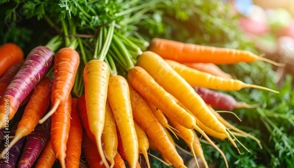 Fototapeta Sun-Kissed Harvest: Vibrant Rainbow Carrots with Lush Green Tops