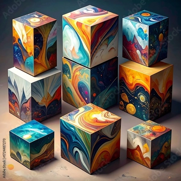 Fototapeta Abstract cubes with swirling colors and cosmic imagery