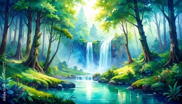 Fototapeta Luminous Waterfall in an Enchanted Forest Clearing with Sunbeams
