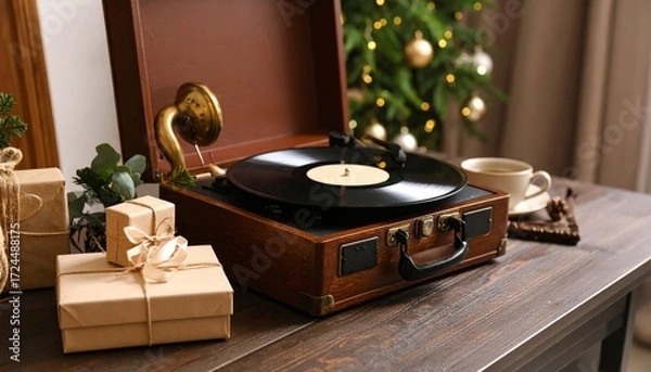 Fototapeta Festive Still Life: Vintage Turntable, Gifts, and a Warm Holiday Glow