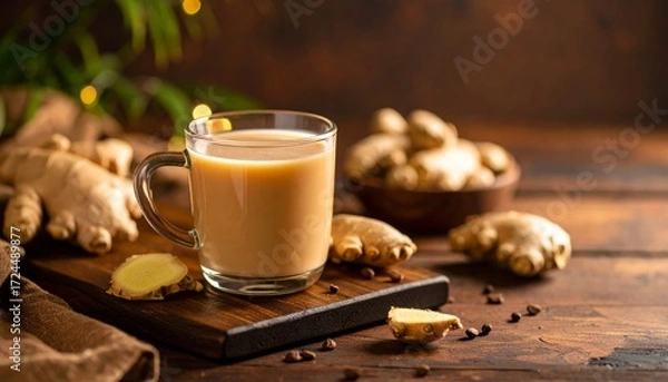 Fototapeta Rustic Still Life of Hot Ginger Tea with Fresh Roots and Warm Bokeh Background