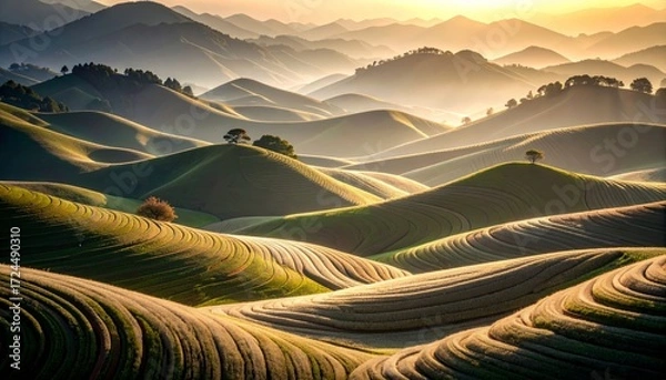 Fototapeta Golden Dawn Over Sculpted Terraces and Serene, Undulating Hills