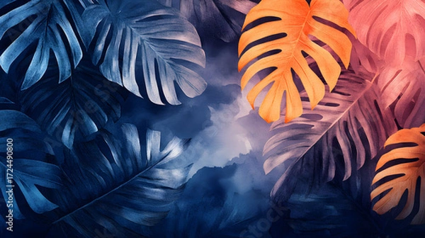 Fototapeta Tropical Leafy Abstract Background Moody Colors of Nature's Artistry, Digital Illustration