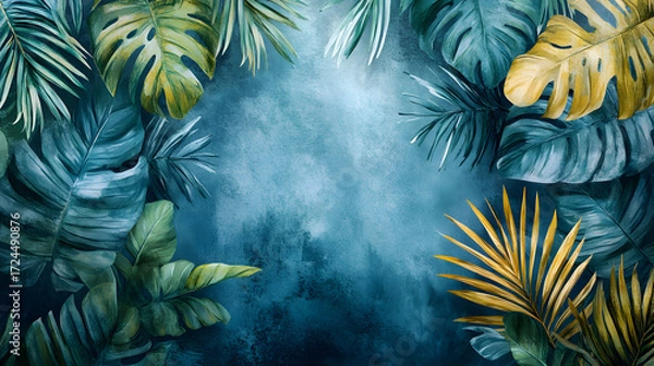 Fototapeta An elegant frame of green and gold tropical palm leaves against a dark blue abstract watercolor background with a moody, cinematic feel