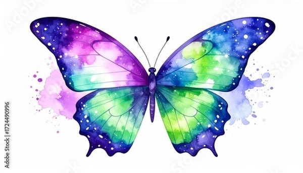 Fototapeta Ethereal Galaxy Butterfly in Vibrant Purple and Green Watercolor