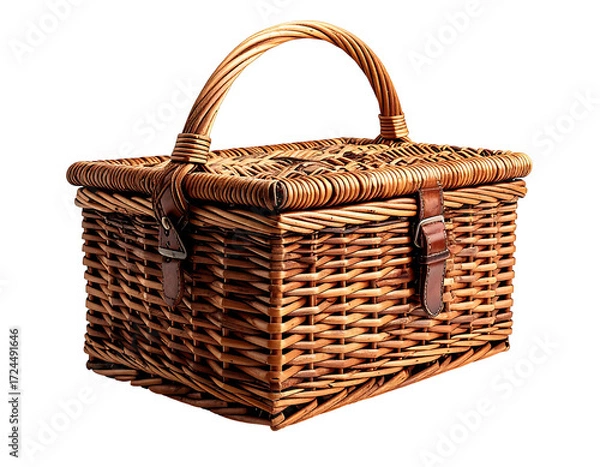 Fototapeta Rectangular woven wicker picnic basket with a handle