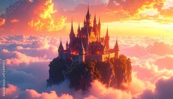 Fototapeta Luminous Fairytale Castle Floating on a Sea of Golden Sunset Clouds