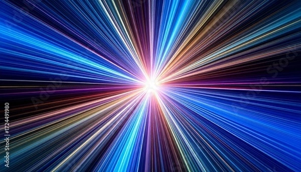 Fototapeta Vibrant Radial Explosion of Blue and Gold Light Beams from a Central Singularity