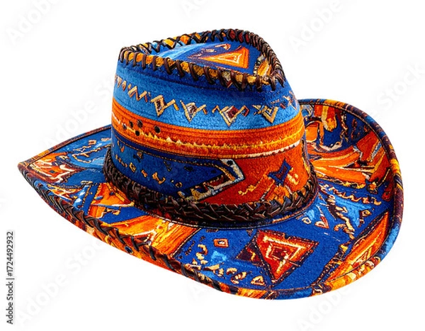 Fototapeta Vibrant cowboy hat with geometric patterns in orange, blue, and brown