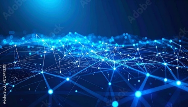 Fototapeta Vibrant Blue Digital Mesh of Interconnected Nodes and Luminous Data Points