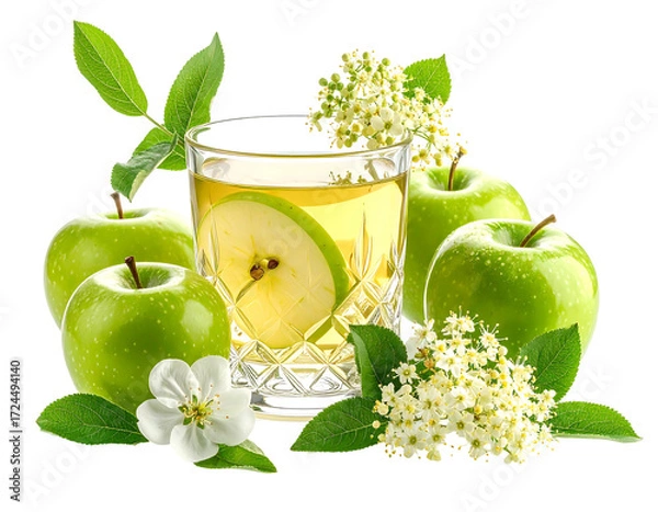 Fototapeta Fresh green apples and juice with flowers