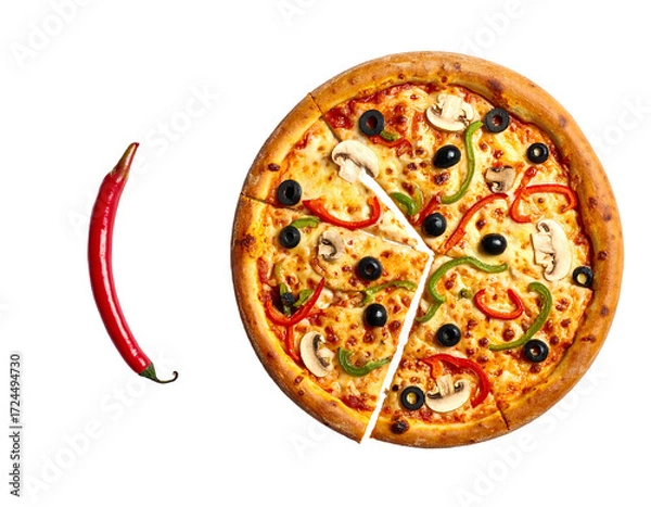 Fototapeta Pizza with sliced sections and a red chili pepper