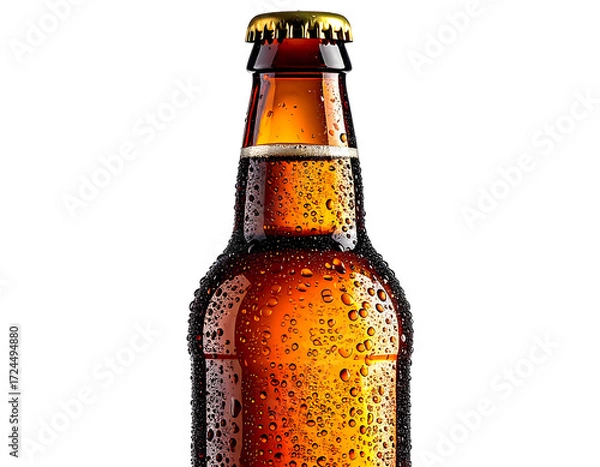 Fototapeta Close-up of a cold beer bottle, wet with condensation