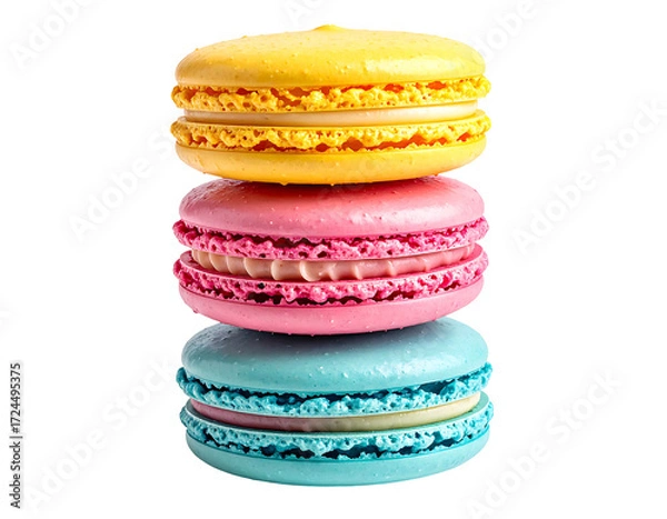 Fototapeta Three colorful macarons stacked vertically, displaying yellow, pink, and light blue icing