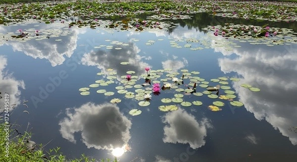 Fototapeta Water lily pads reflecting clouds