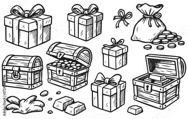 Fototapeta Gift and Treasure Chest Collection Hand Drawn Illustration Isolated on Transparent Background, Generative AI