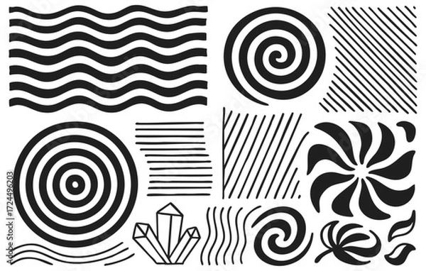 Fototapeta Hand Drawn Abstract Line Pattern Spiral and Geometric Shapes Collection Isolated on Transparent Background, Generative AI