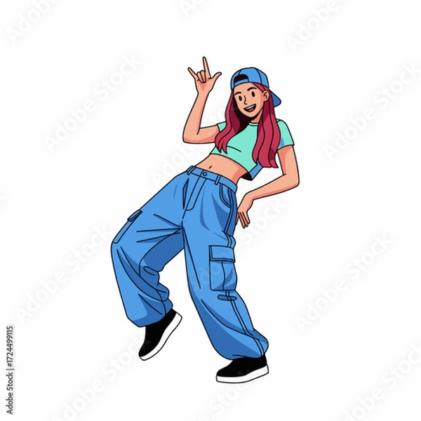 Fototapeta 2D flat vector illustration of girl baggy pants and crop top, doing a hip hop side step move with one hand raised, cheerful facial expression