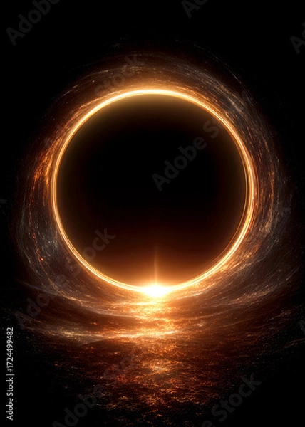 Fototapeta A mesmerizing cosmic portal emits a warm glow at twilight, surrounded by swirling energy in the vast dark expanse of space. Stars twinkle faintly in the background.